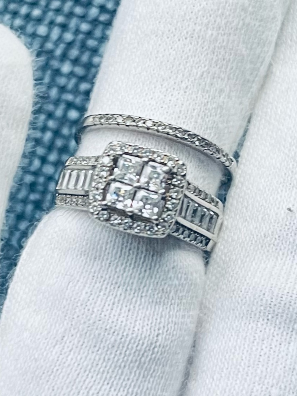 Sterling Silver Cubic Zirconia Cluster Engagement Ring Set - White size 6.5
